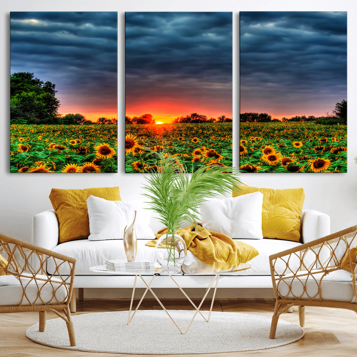 Golden Sunflower Field at Sunset – Breathtaking Sky and