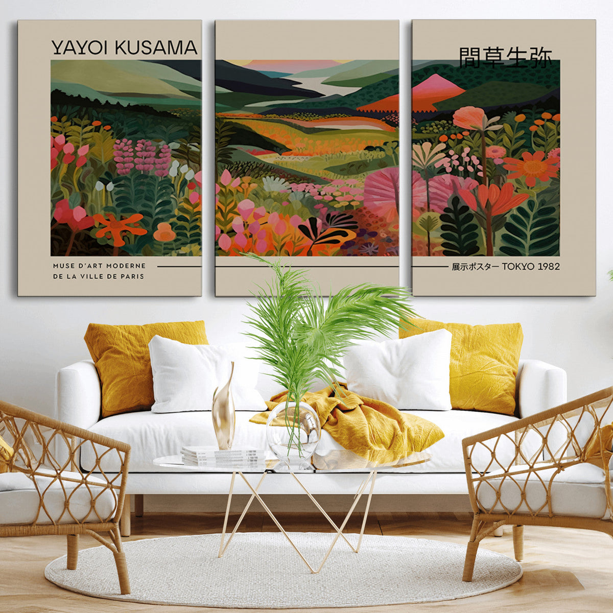 Yayoi Kusama Landscape Canvas Print, Vibrant Floral Mountain