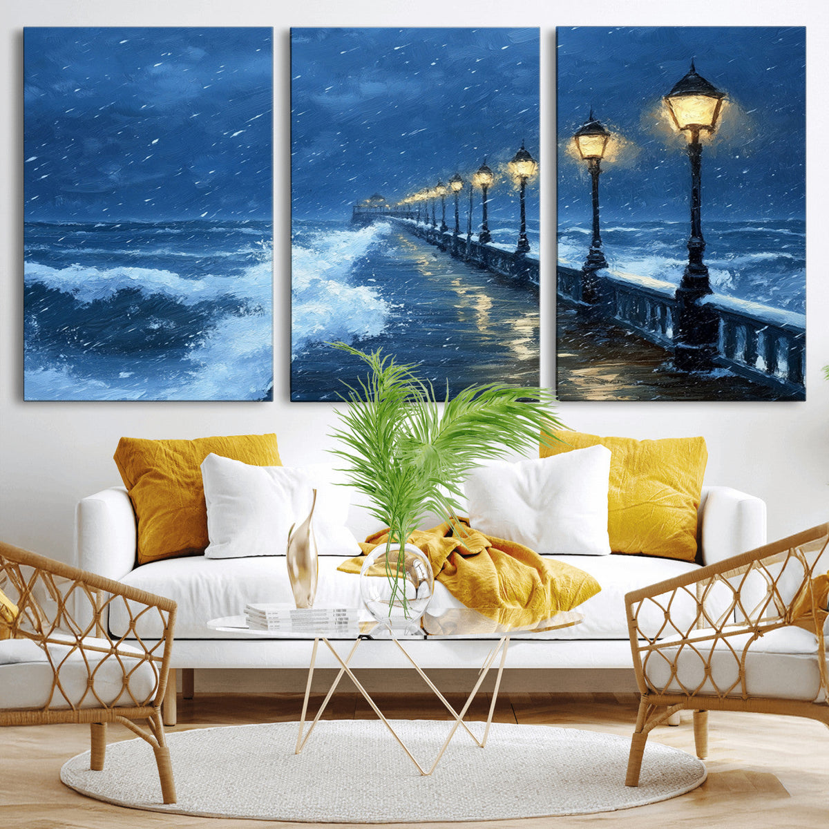 Stormy Ocean Pier Lights Canvas Wall Art Print - Large Moody