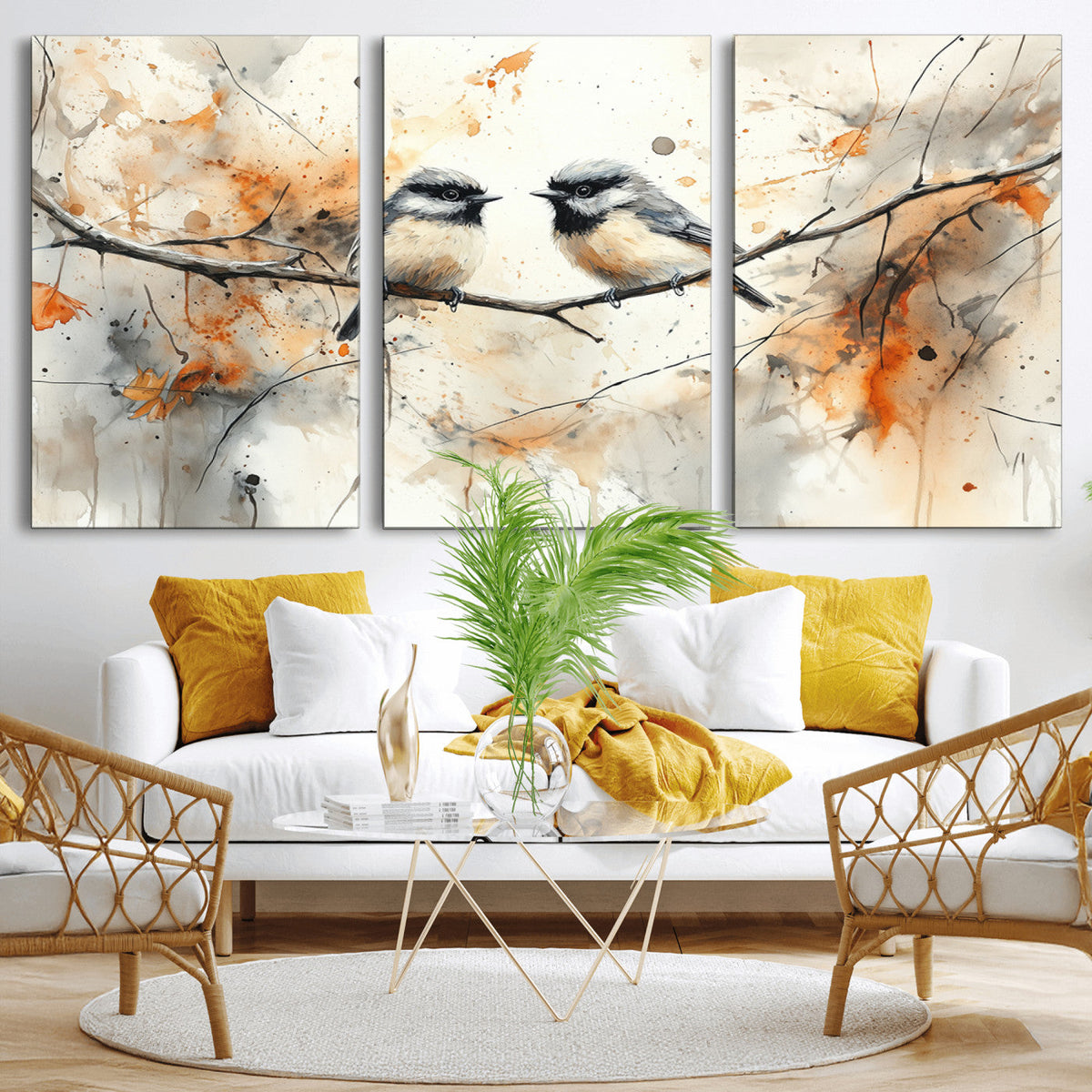 Abstract Watercolor Chickadee Bird Canvas Wall Art Print -