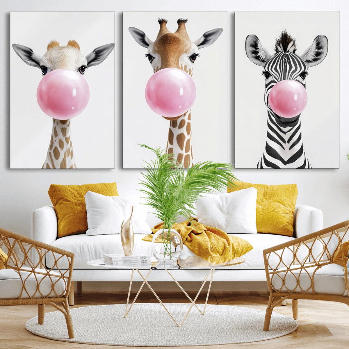 Bubblegum Animals Canvas Wall Art - Playful Giraffe and