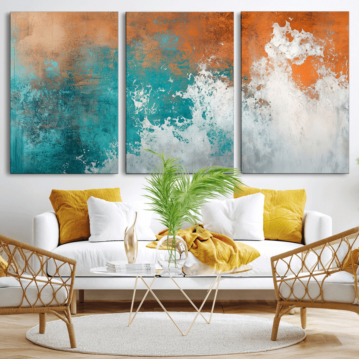 Vintage Abstract Print - Bold Teal and Orange Canvas Wall
