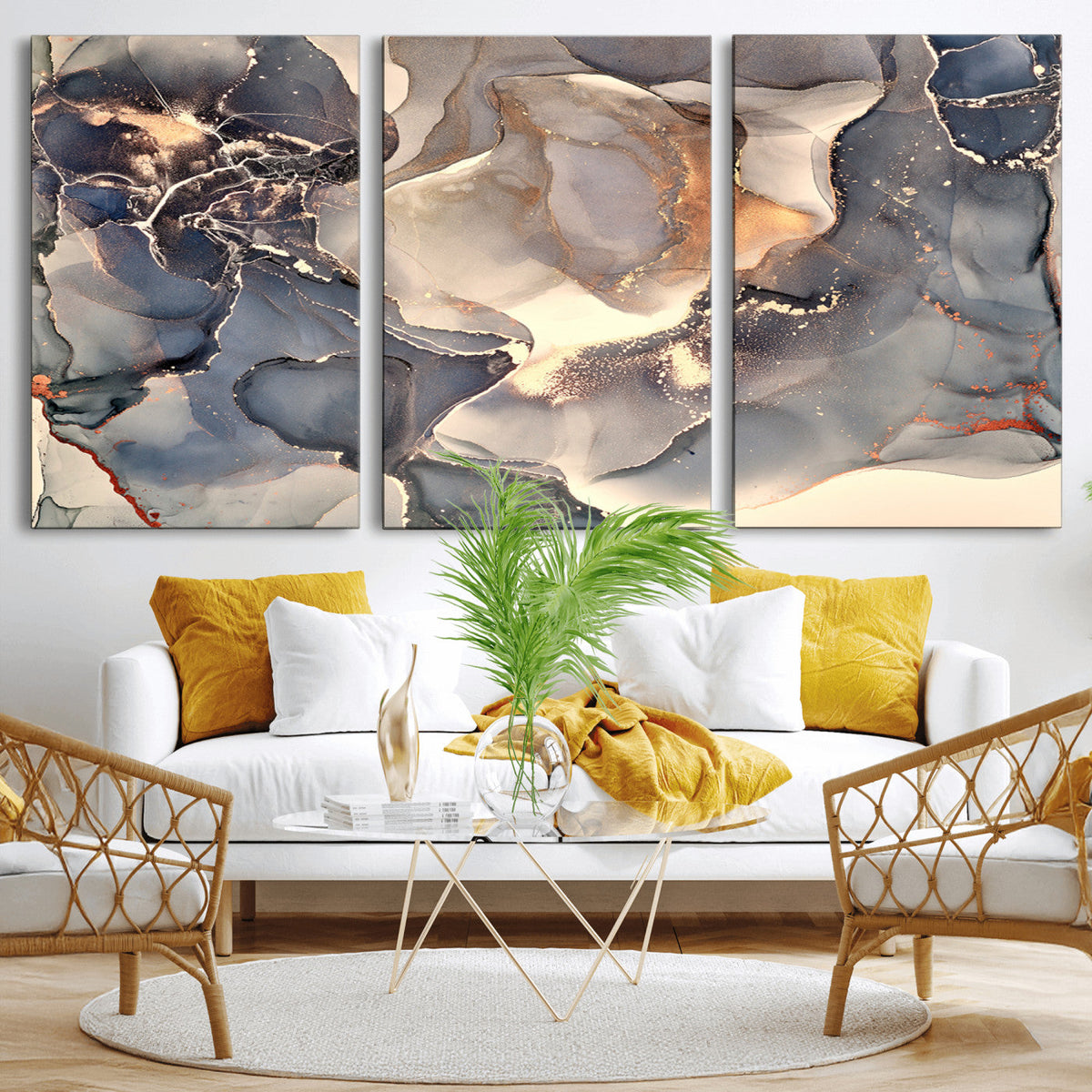 Abstract Blue and Gold Wall Art - Fluid Ink Artwork - Modern