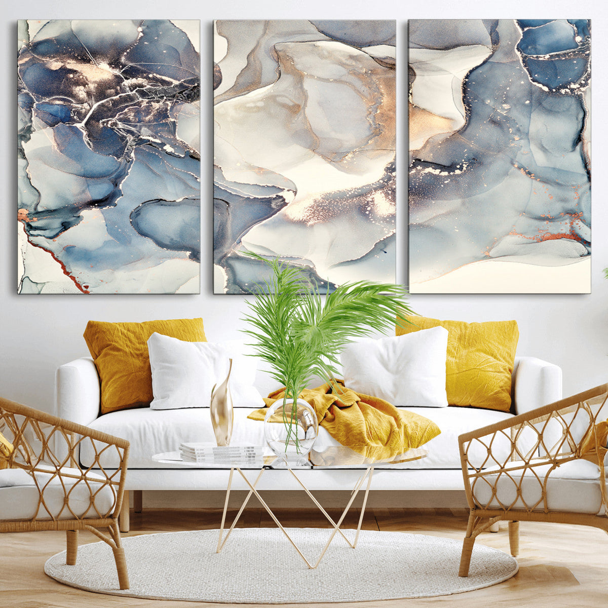 Abstract Blue and Gold Canvas Wall Art - Fluid Modern Ink
