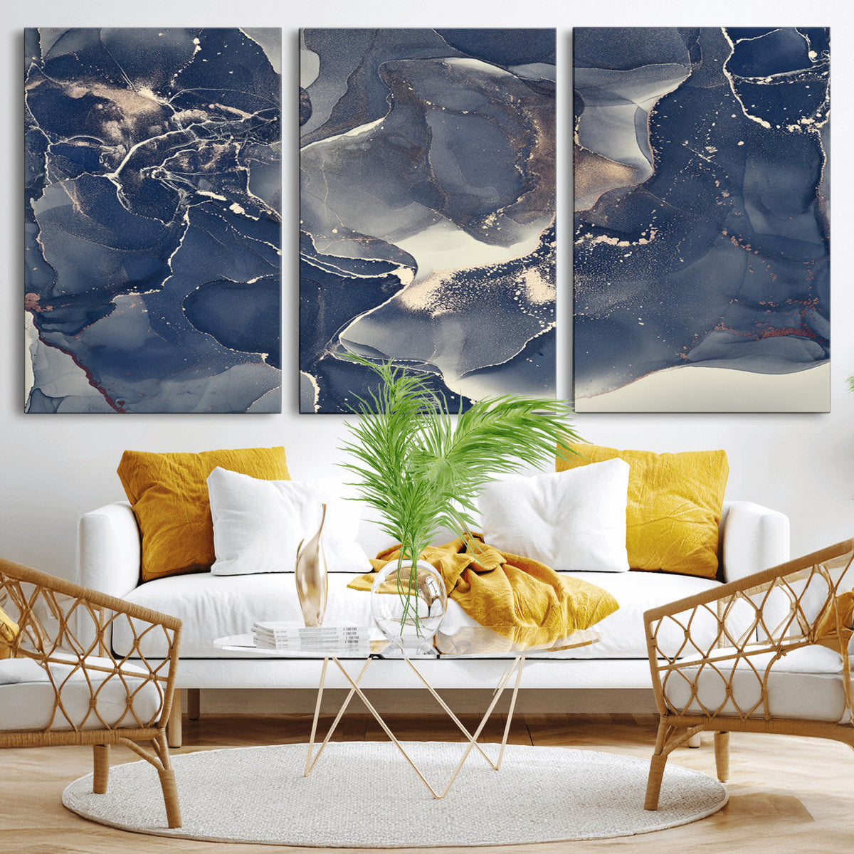 Large Abstract Blue and Gold Canvas Wall Art Fluid Ink