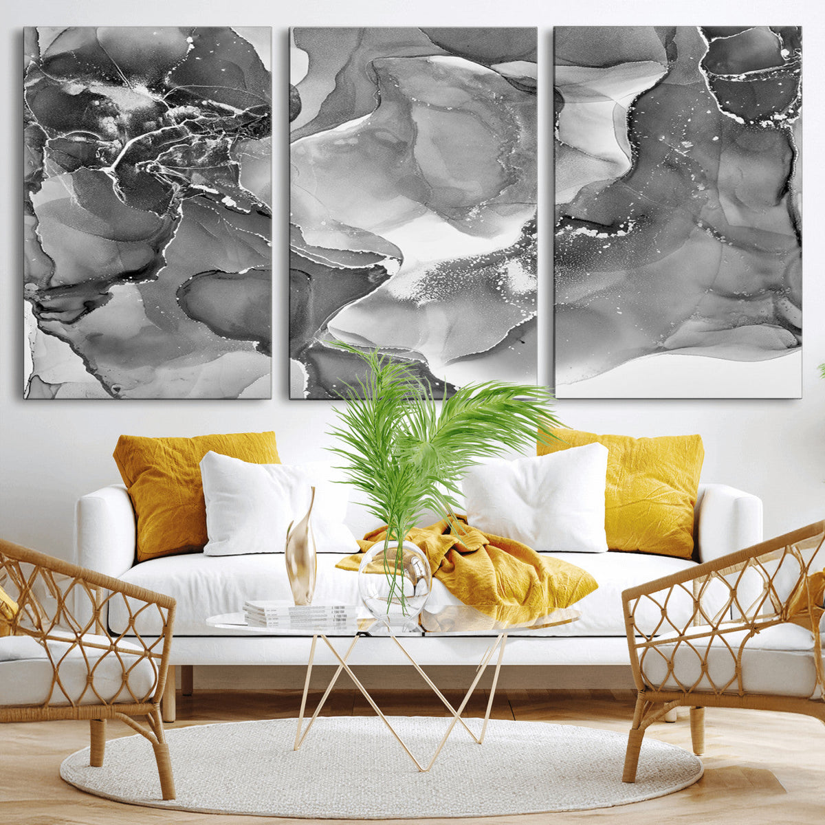 Black White Abstract Canvas Wall Art - Fluid Ink Artwork -