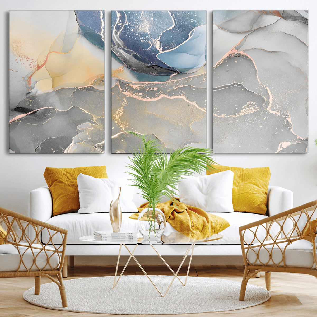 Large Abstract Blue and Gold Canvas Wall Art | Fluid Ink