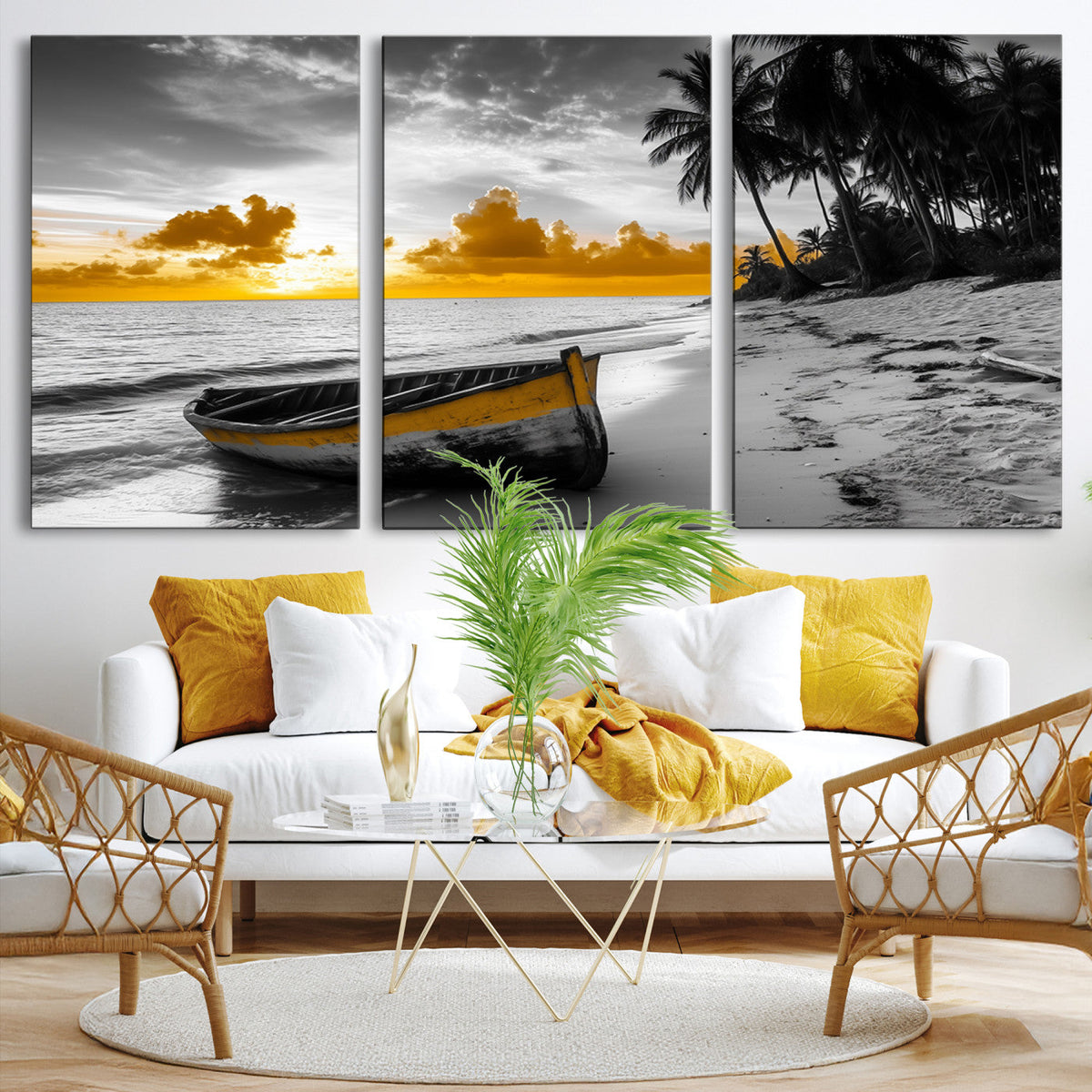 Yellow Rowboat Wall Art – Framed Tropical Shoreline Canvas