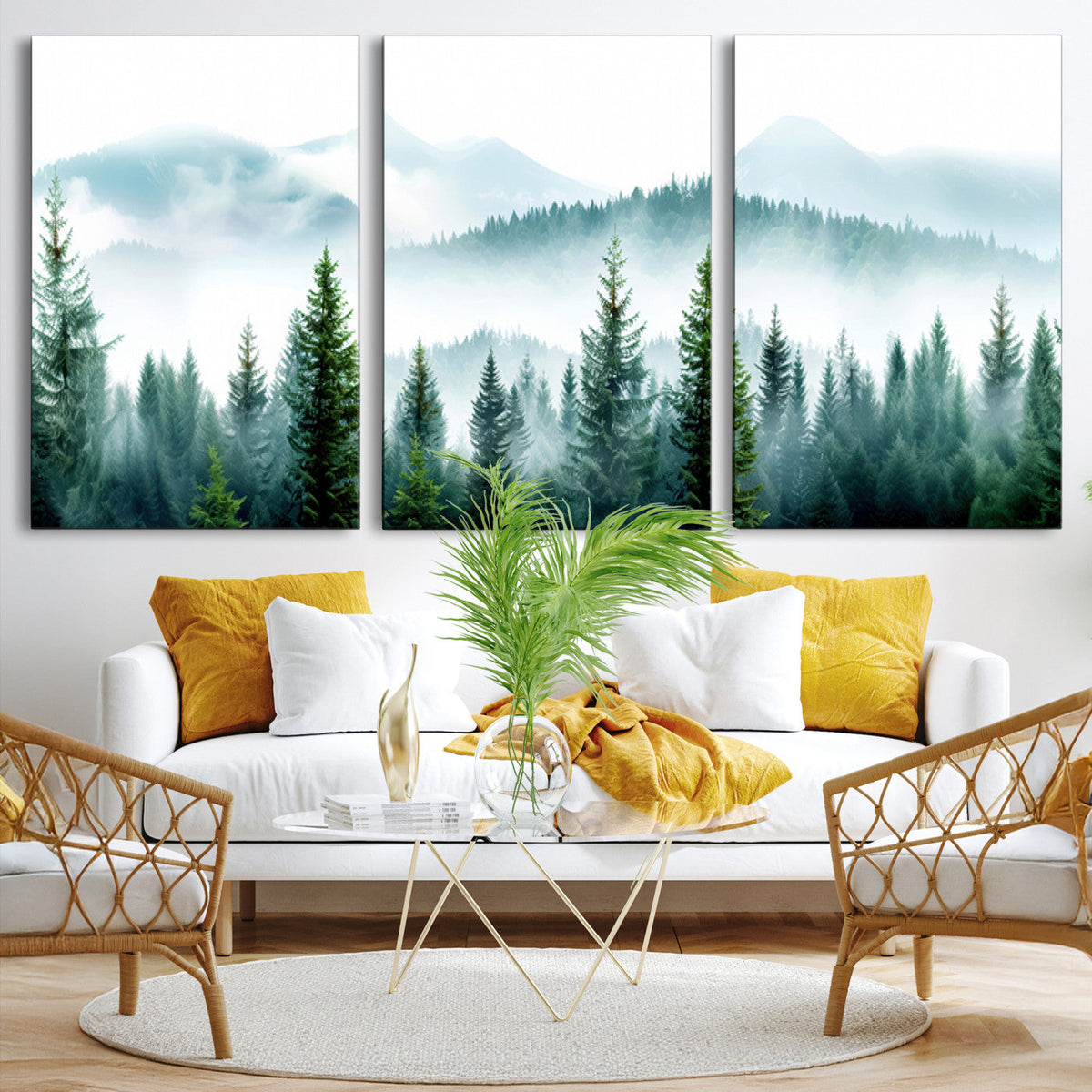 Pine Forest Wall Art Canvas Print – Misty Mountains Foggy