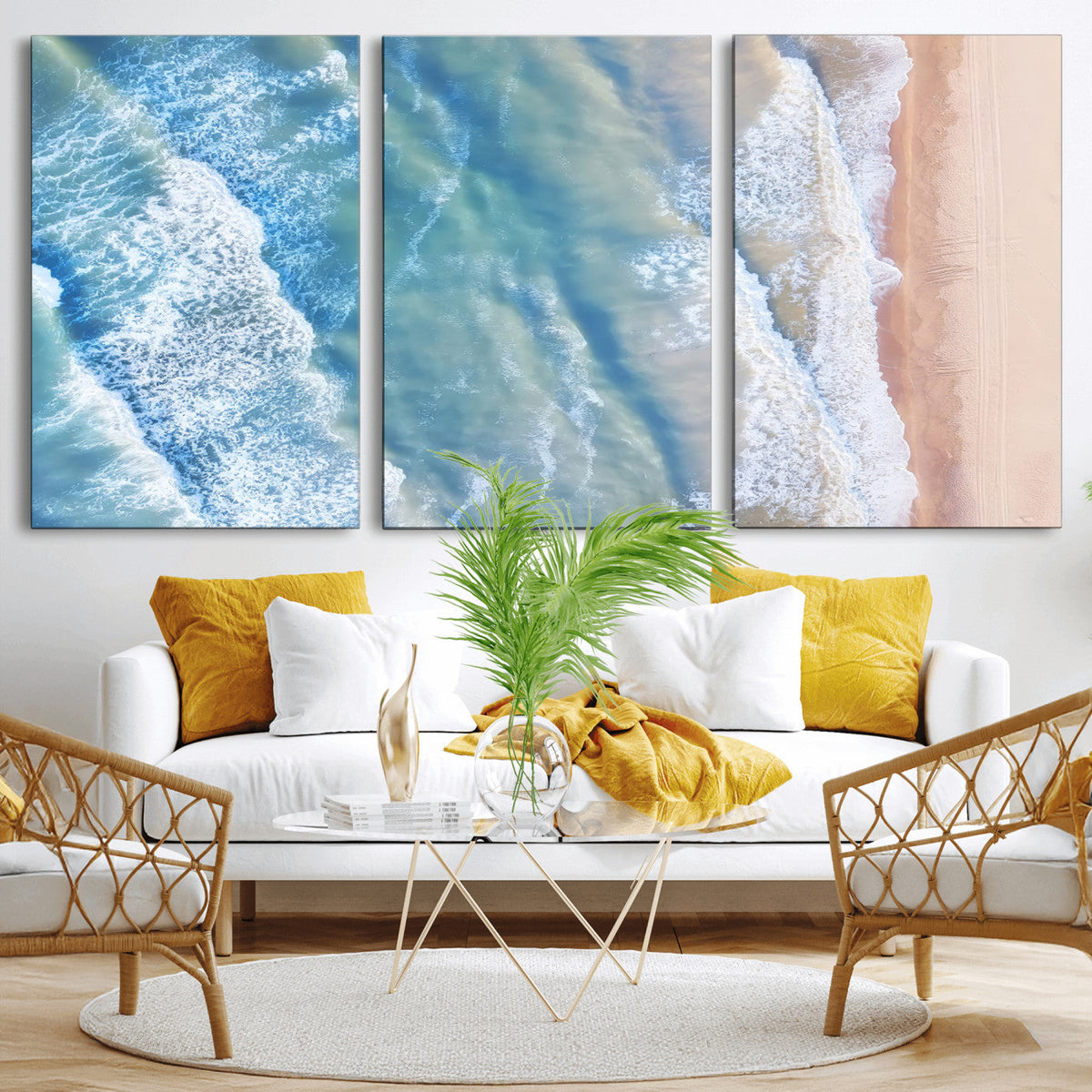 Aerial Ocean View Wall Art Canvas Print – Framed Soft Blue