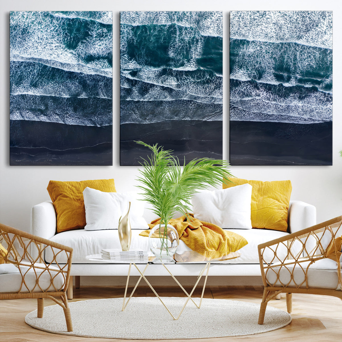Black Beach Wall Art Canvas Print – Framed Aerial Ocean View