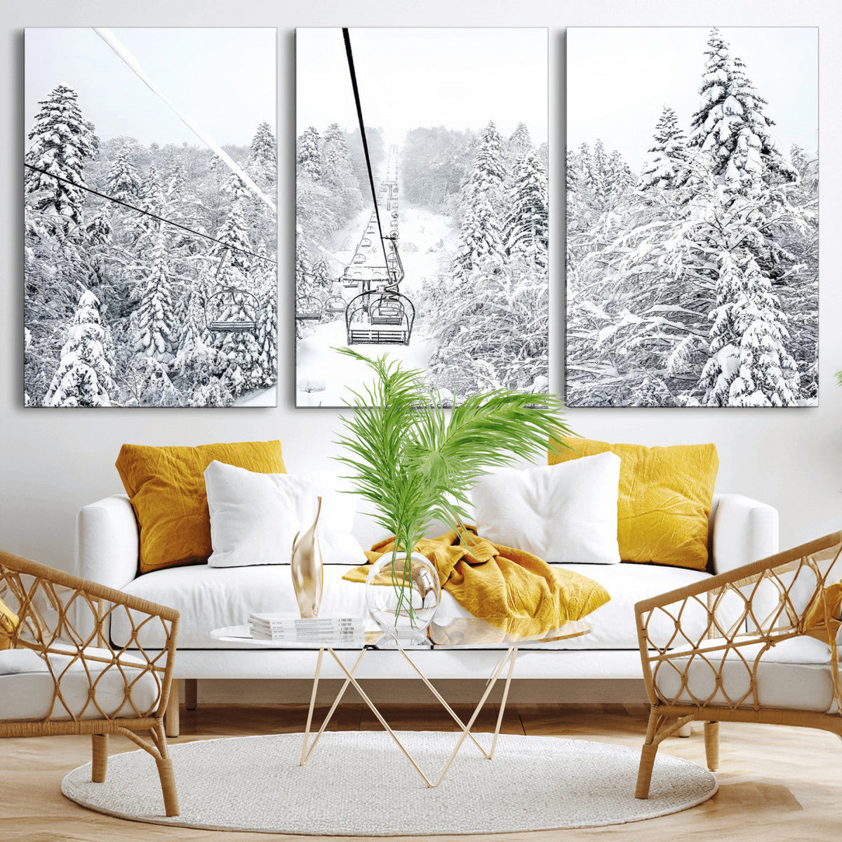 Snowy Ski Lift Wall Art – Framed Winter Mountain Canvas