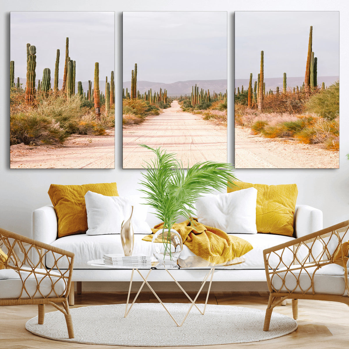 Desert Cactus Lined Road Wall Art Canvas Print – Framed