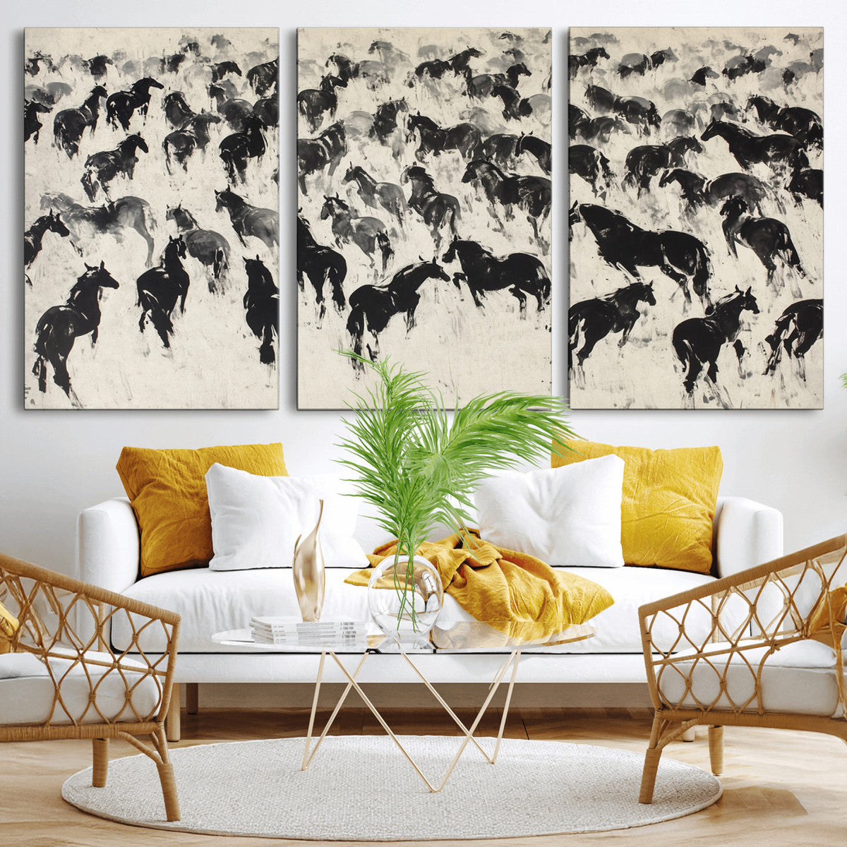 Wild Horse Stampede Wall Art Canvas Print – Monochrome