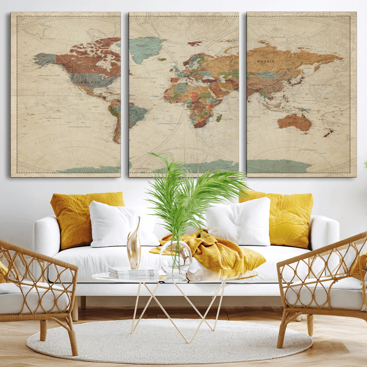 Vintage World Map Canvas Wall Art Print – Framed Modern
