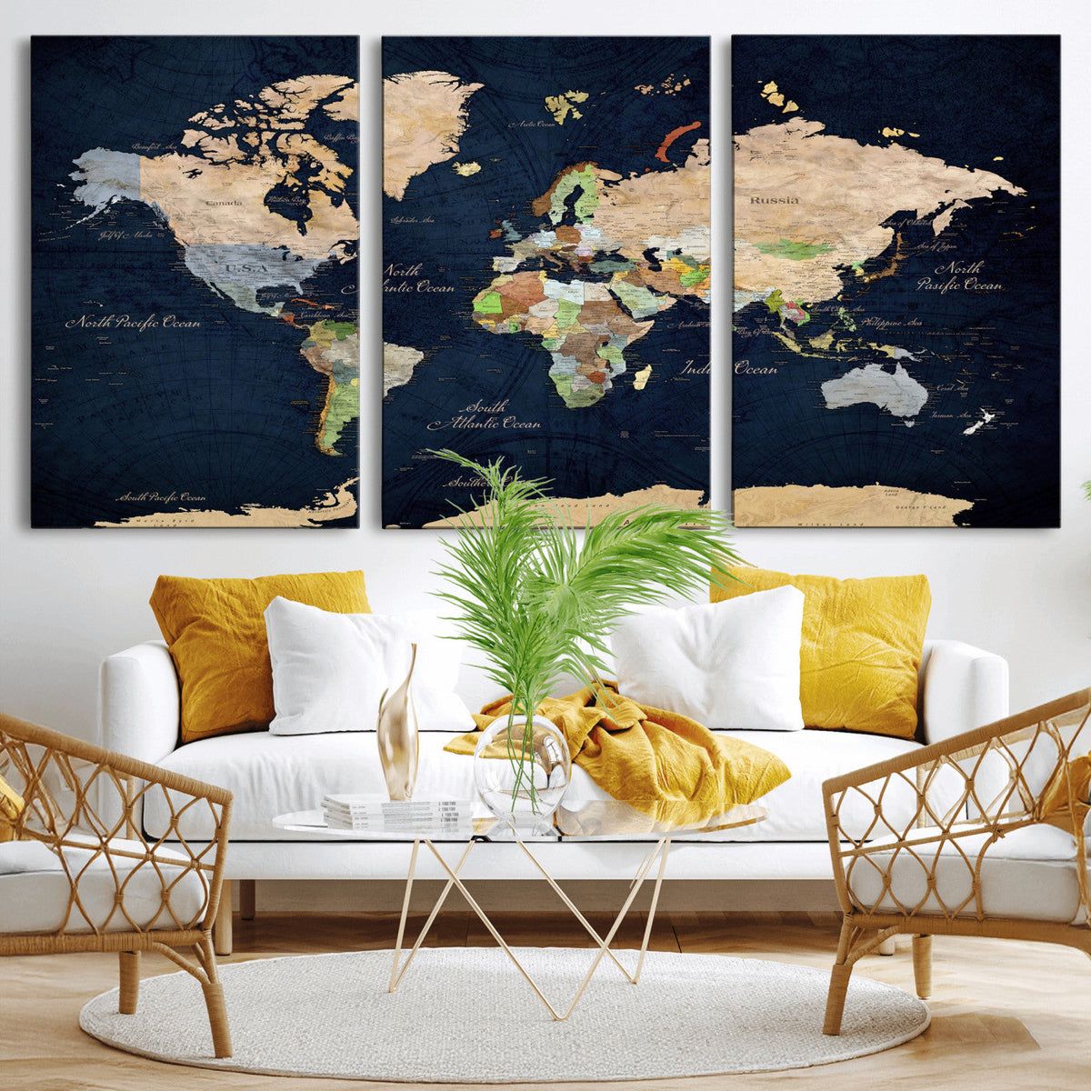 Minimalist World Map Canvas Wall Art - Watercolor Blue and
