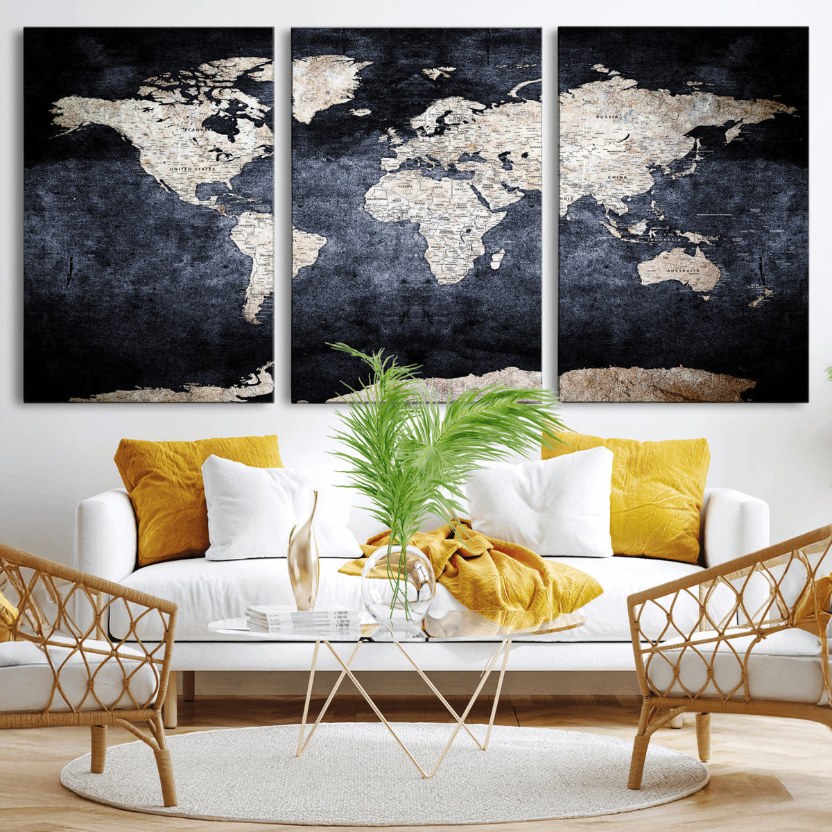 Vintage World Map Canvas Wall Art – Antique Triptych Map