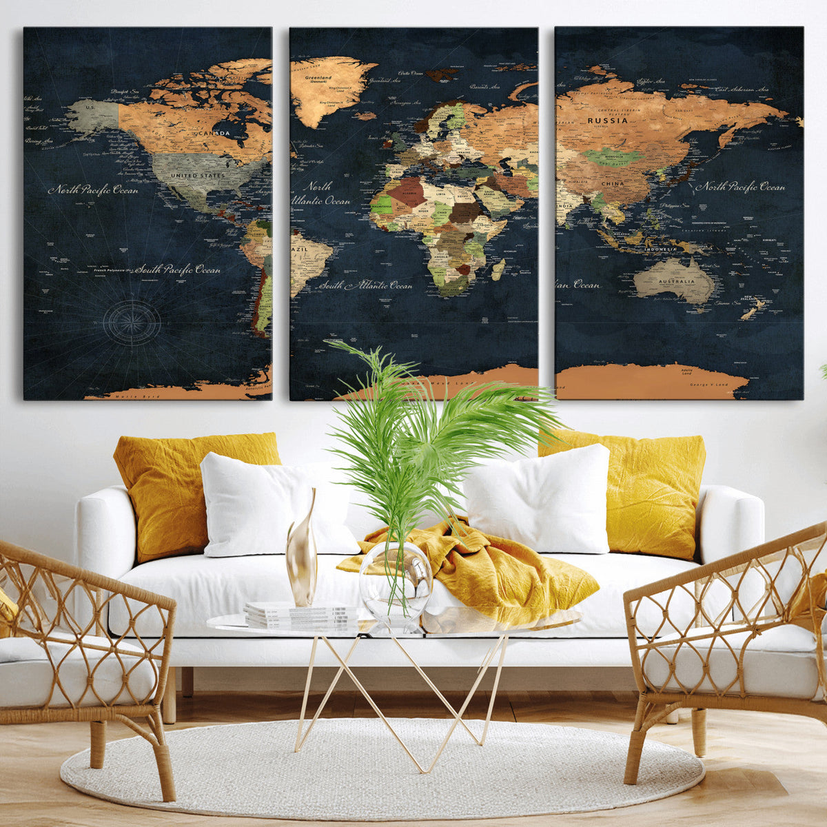 Vintage World Map Canvas Wall Art – Detailed Map with