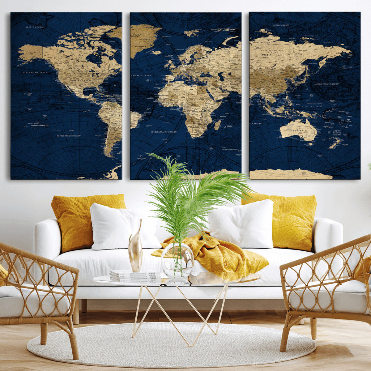 Navy Blue World Map Canvas Print – Detailed Map Minimal Navy