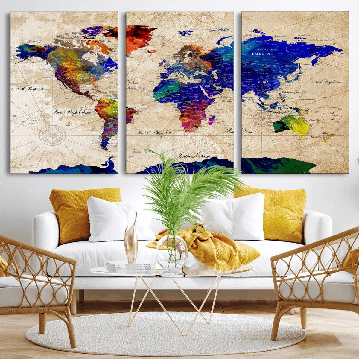 Watercolor World Map Canvas Print – Framed Wall Art for