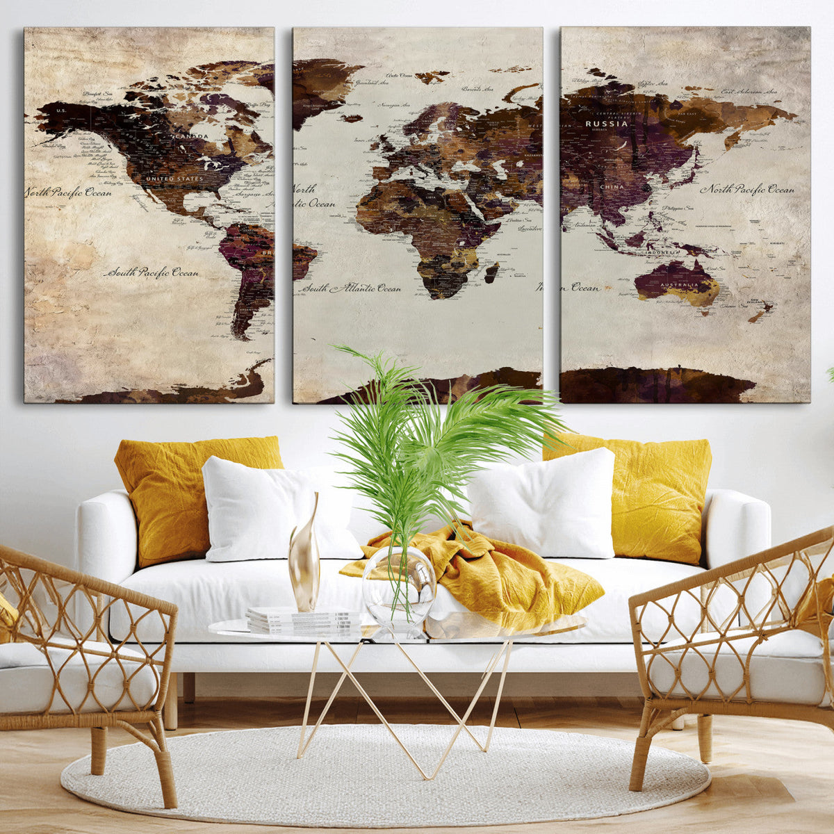 World Map Canvas Triptych – Colorful Global Wall Art for
