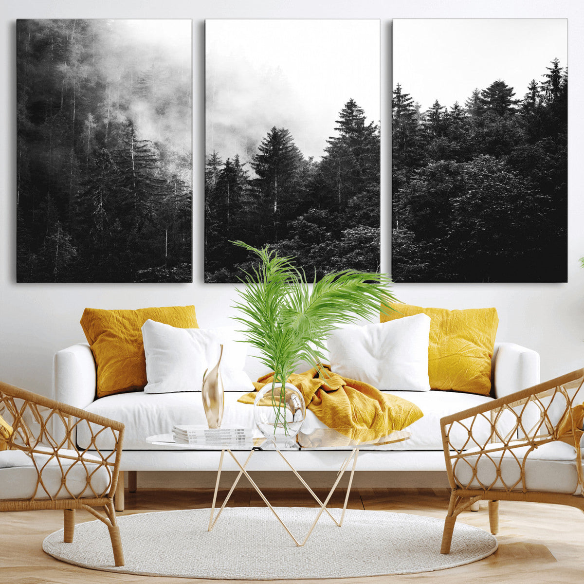 Black White Forest Wall Art Canvas Print, Misty Pine Tree