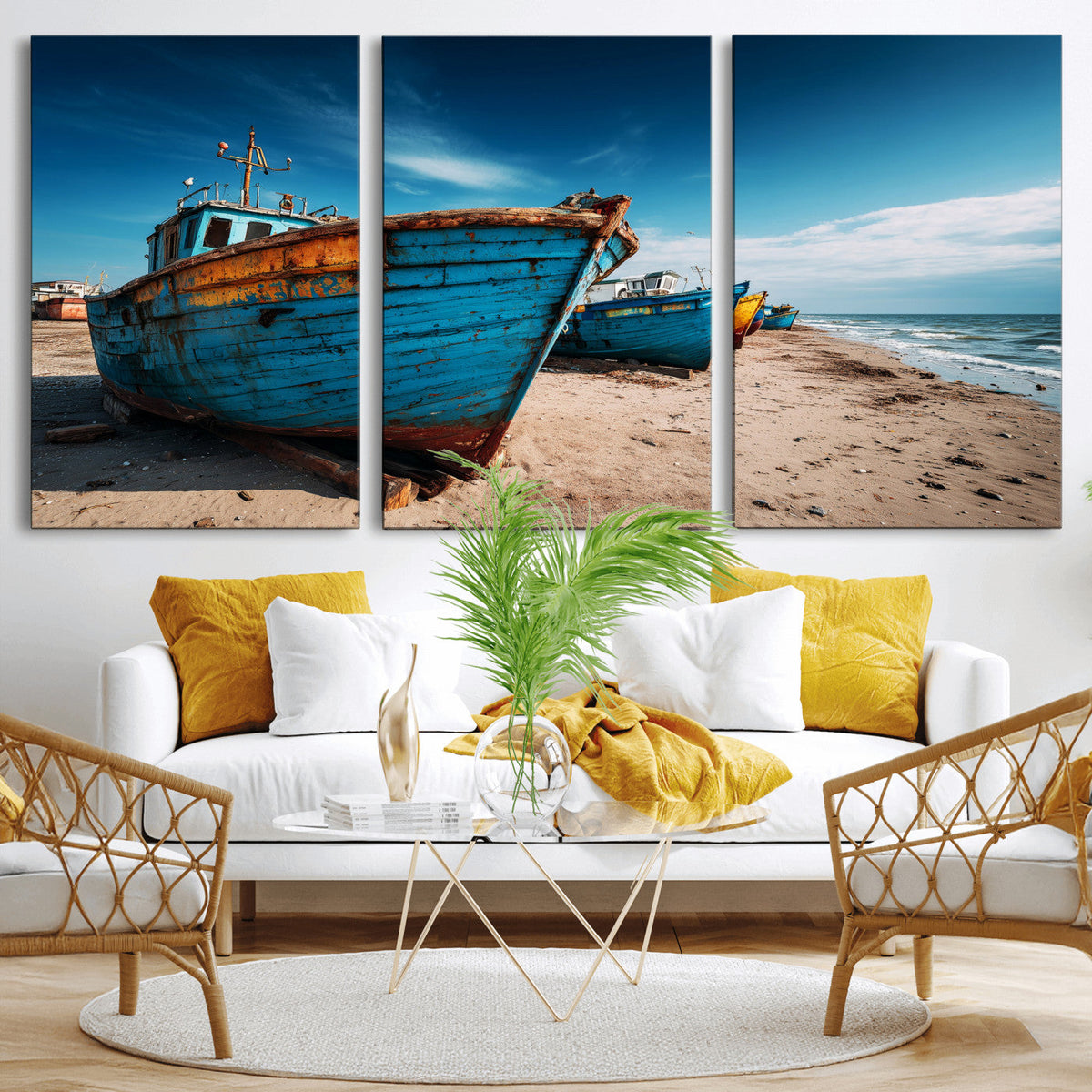 Coastal Fishing Boats Wall Art Canvas Print, Sunset Beach