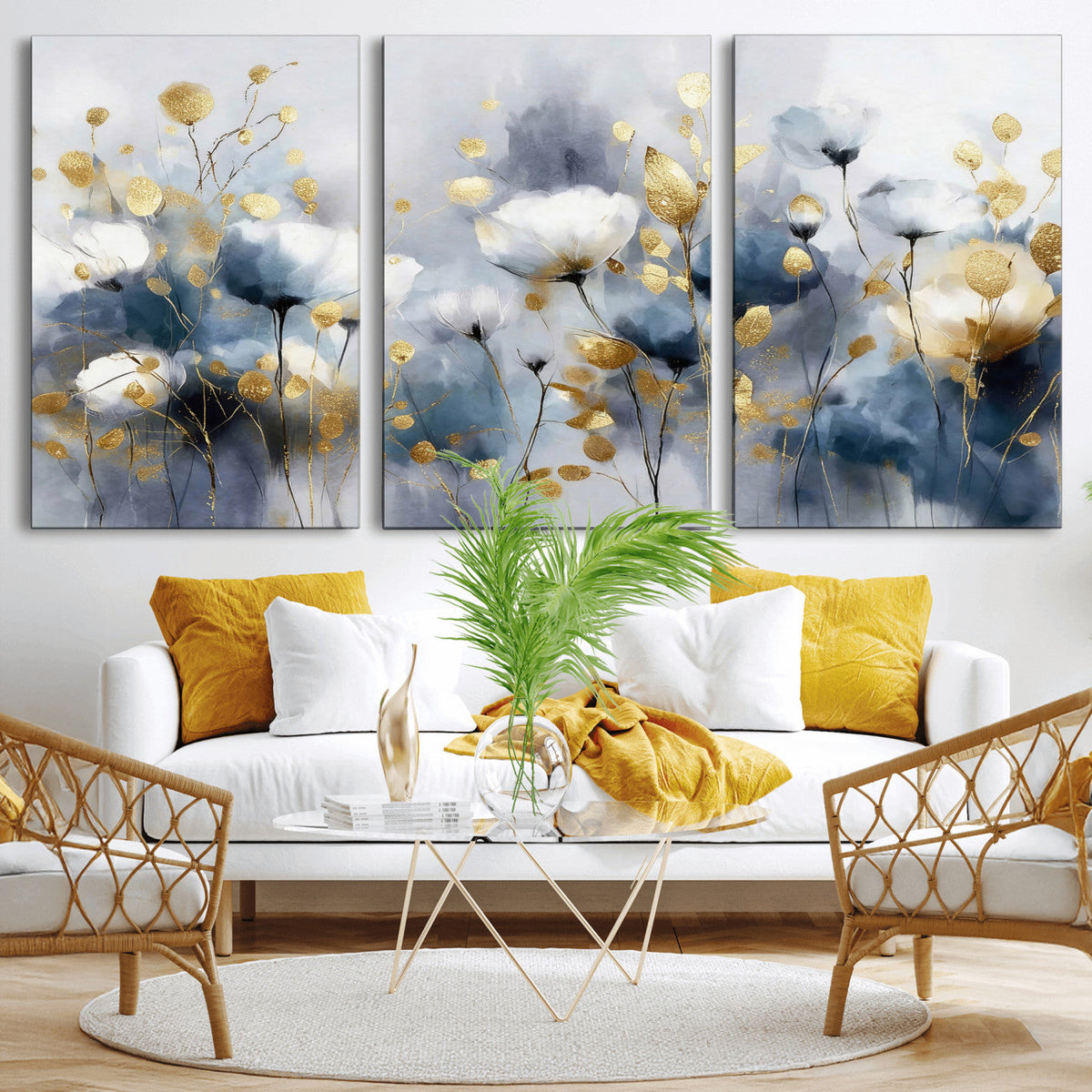 Large Abstract Flowers Wall Art Canvas Print – Gold and Blue