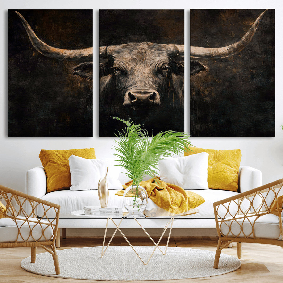 Vintage Longhorn Bull Wall Art Canvas Print – Rustic Western