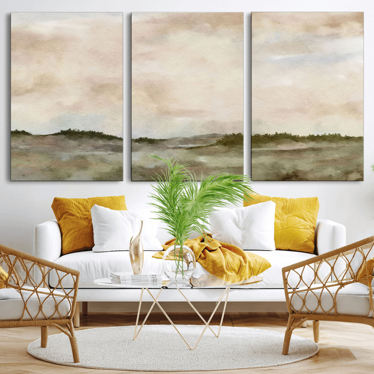 Muted Watercolor Hill Landscape Print — Beige Taupe Cloudy