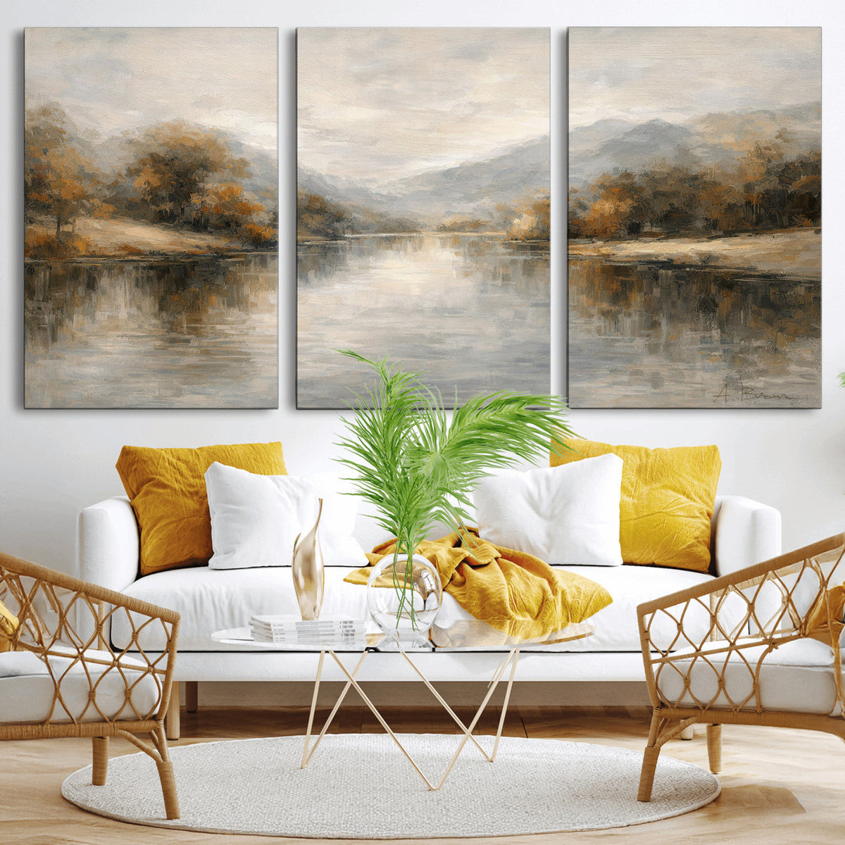 Neutral Abstract River Landscape Wall Art Canvas Print