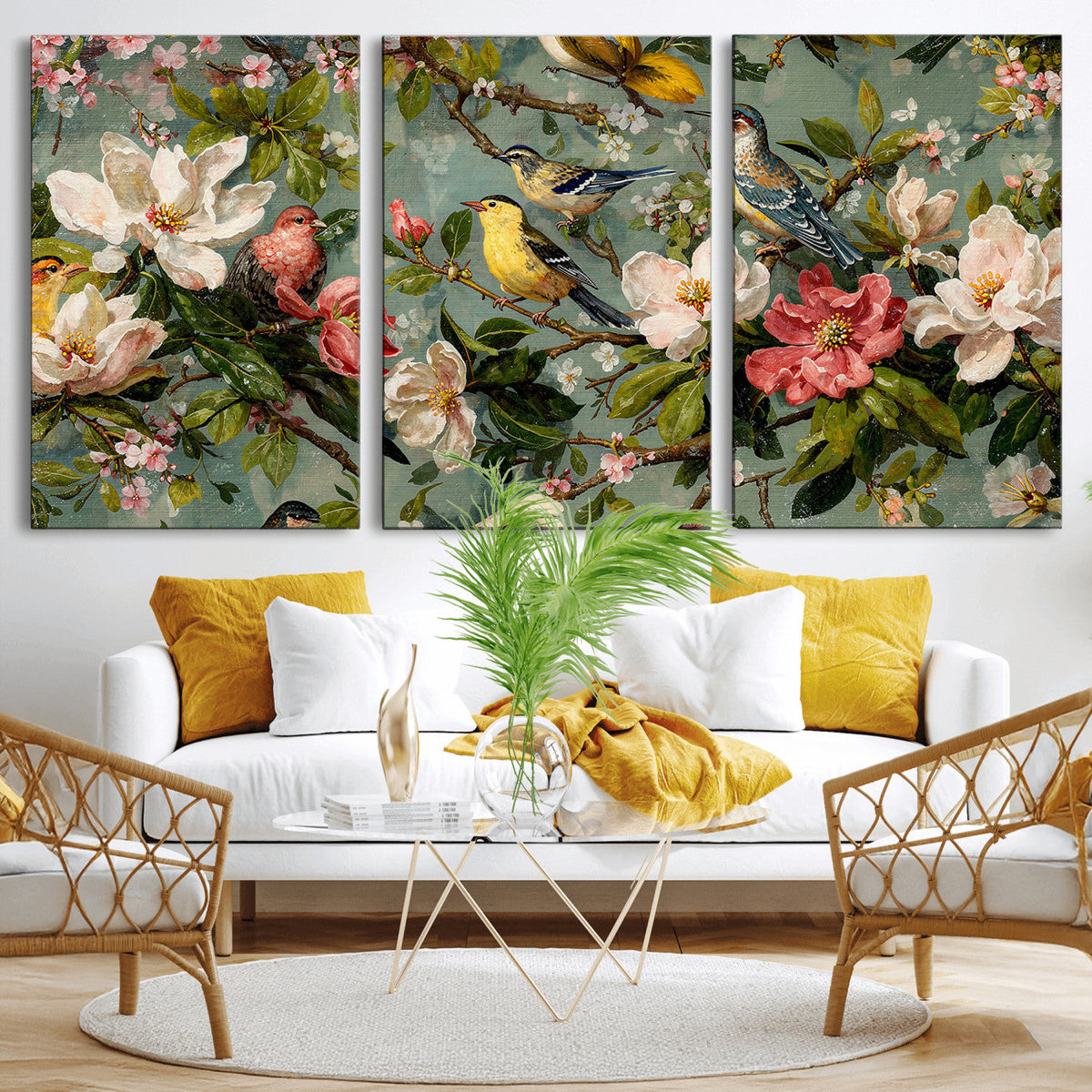 Vintage Birds and Flowers Wide Wall Art: Extra Large