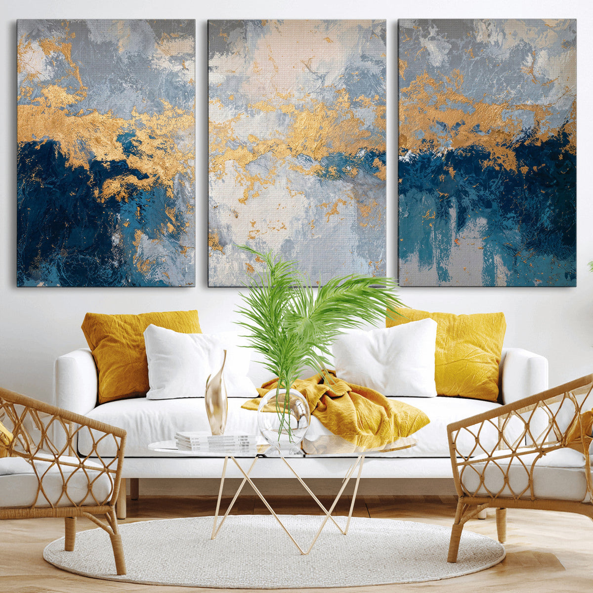 Blue Gold Abstract Large Framed Canvas Wall Art, Modern