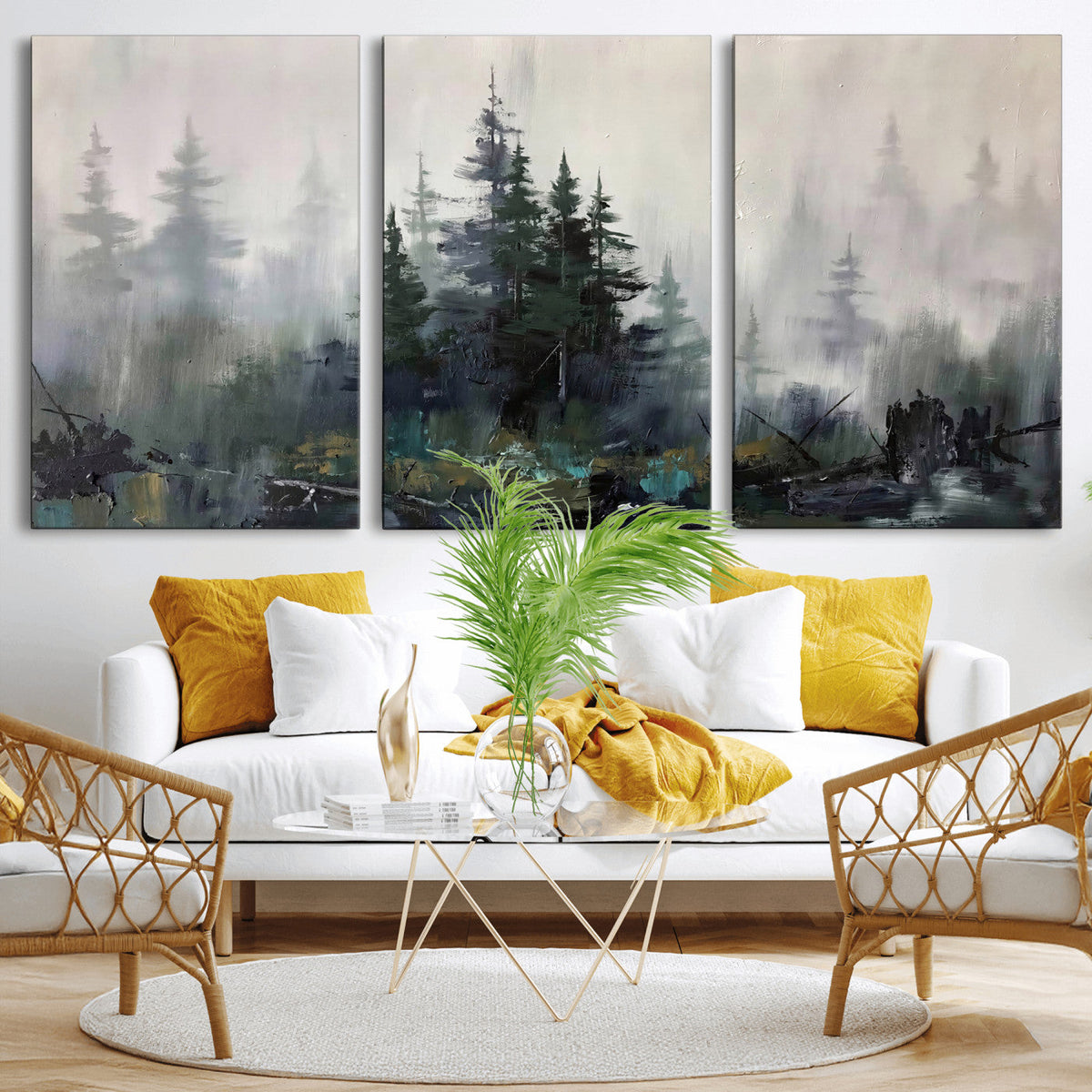 Misty Pine Forest Oil Painting Canvas — Dark Moody Teal Grey