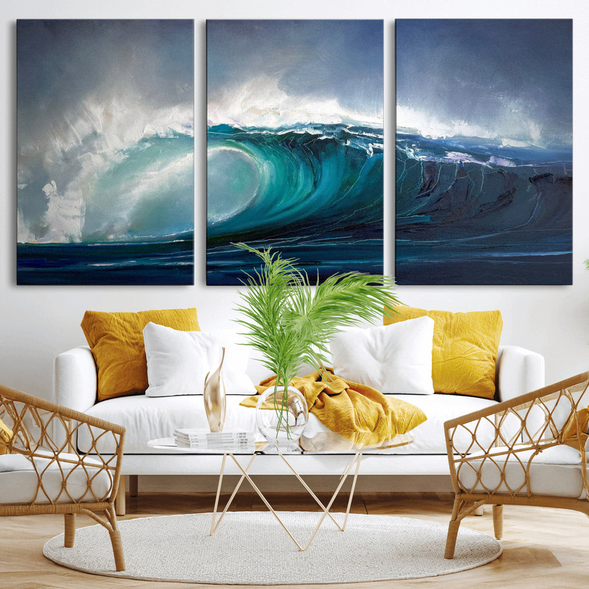 Ocean Wave Canvas Wall Art, Dramatic Teal Blue Seascape Oil