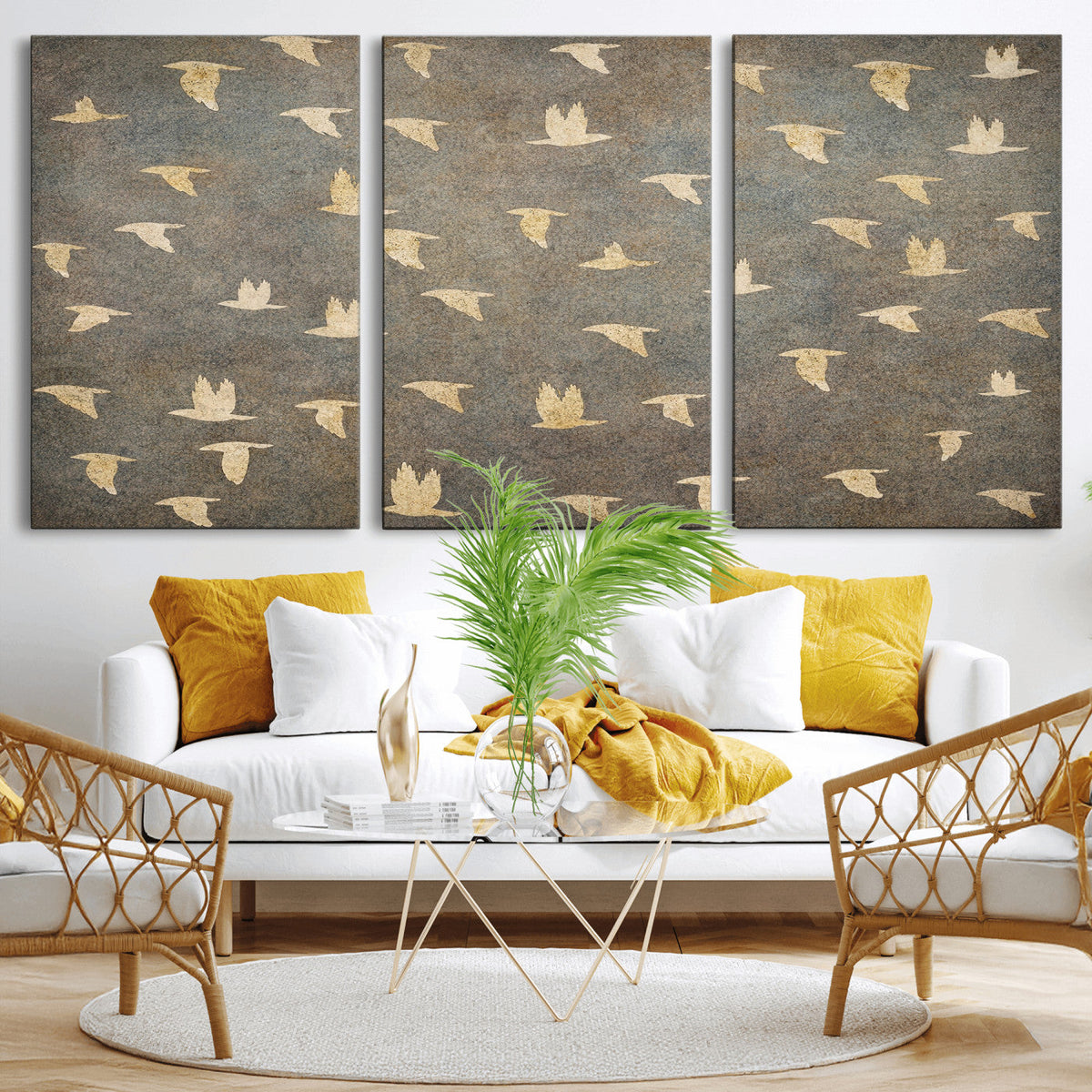 Flying Birds Canvas Wall Art, Vintage Bird Flock Pattern