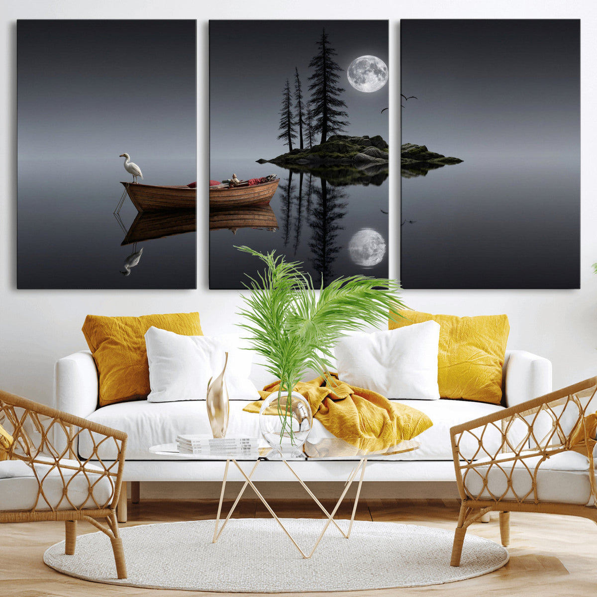 Moonlit Lake Canvas Wall Art, Dreamy Boat Heron Full Moon