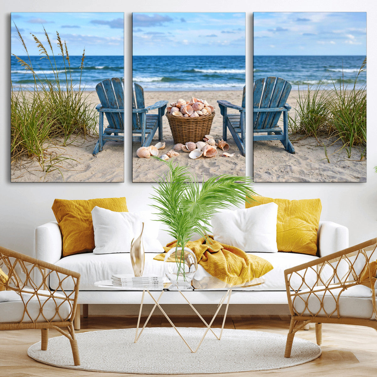 Large Beach Canvas Wall Art Coastal Adirondack Chairs Ocean