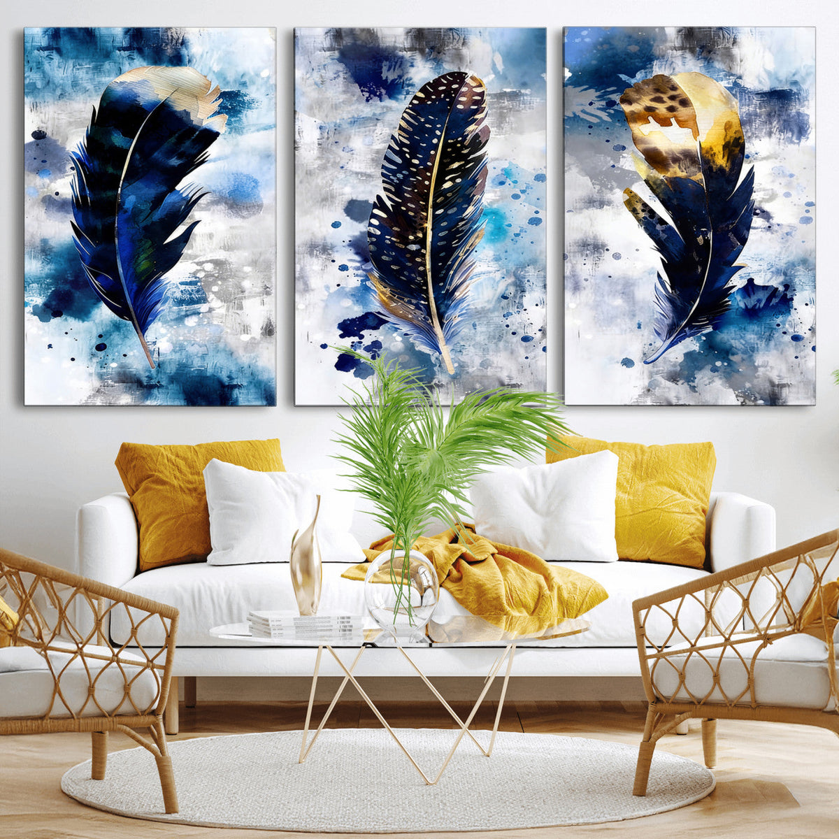 Feather Canvas Wall Art Navy Blue Gold Watercolor Abstract