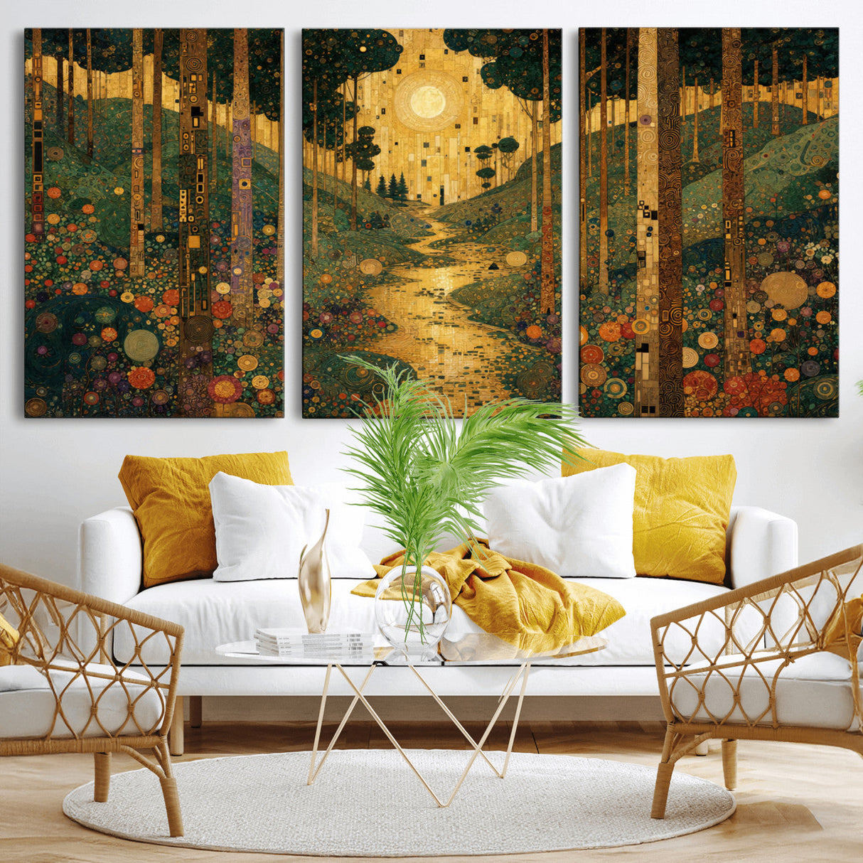 Gustav Klimt Style Forest Canvas Wall Art, Golden Forest Path Floral Art Nouveau Print, Enchanted Woodland Decor