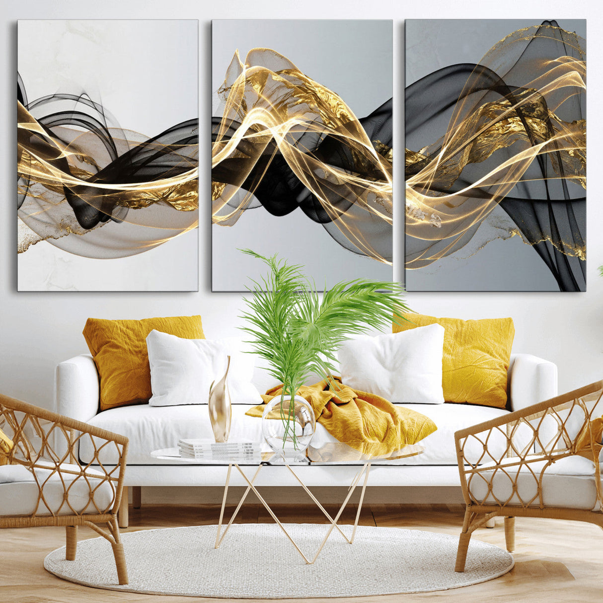 Black and Gold Abstract Wall Art, Modern Wave Canvas Print, Elegant Flowing Smoke Art, Luxury Living Room Decor