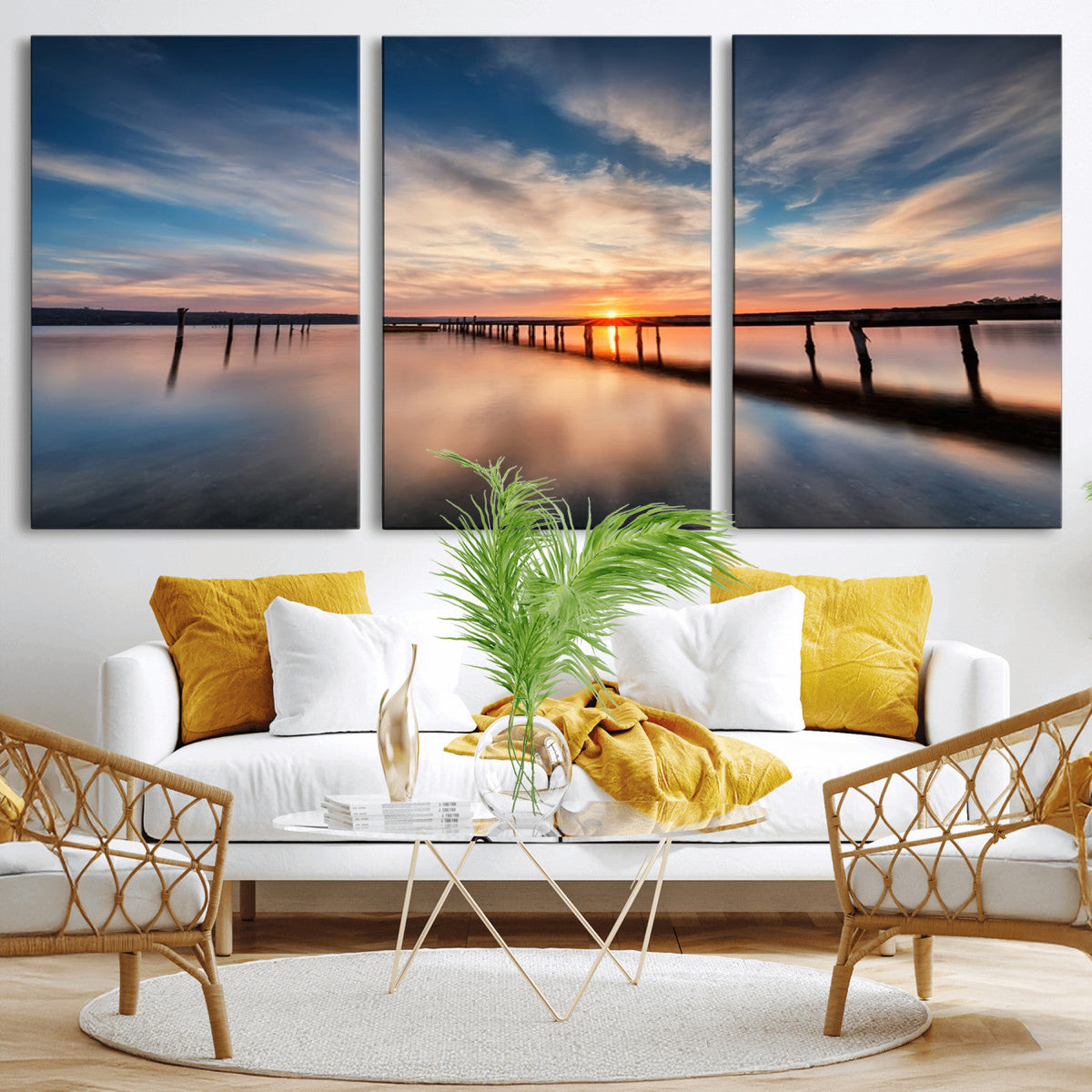 Wooden Pier on Seascape and Sunset Wall Art Canvas Print