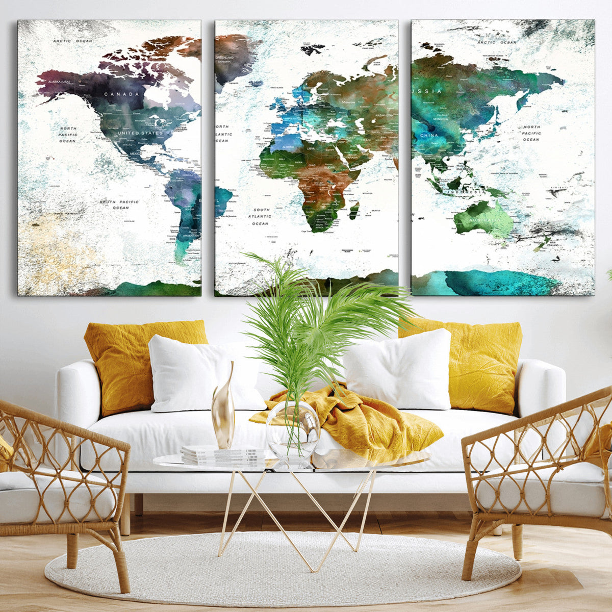 Modern Watercolor World Map Canvas Wall Art – Framed