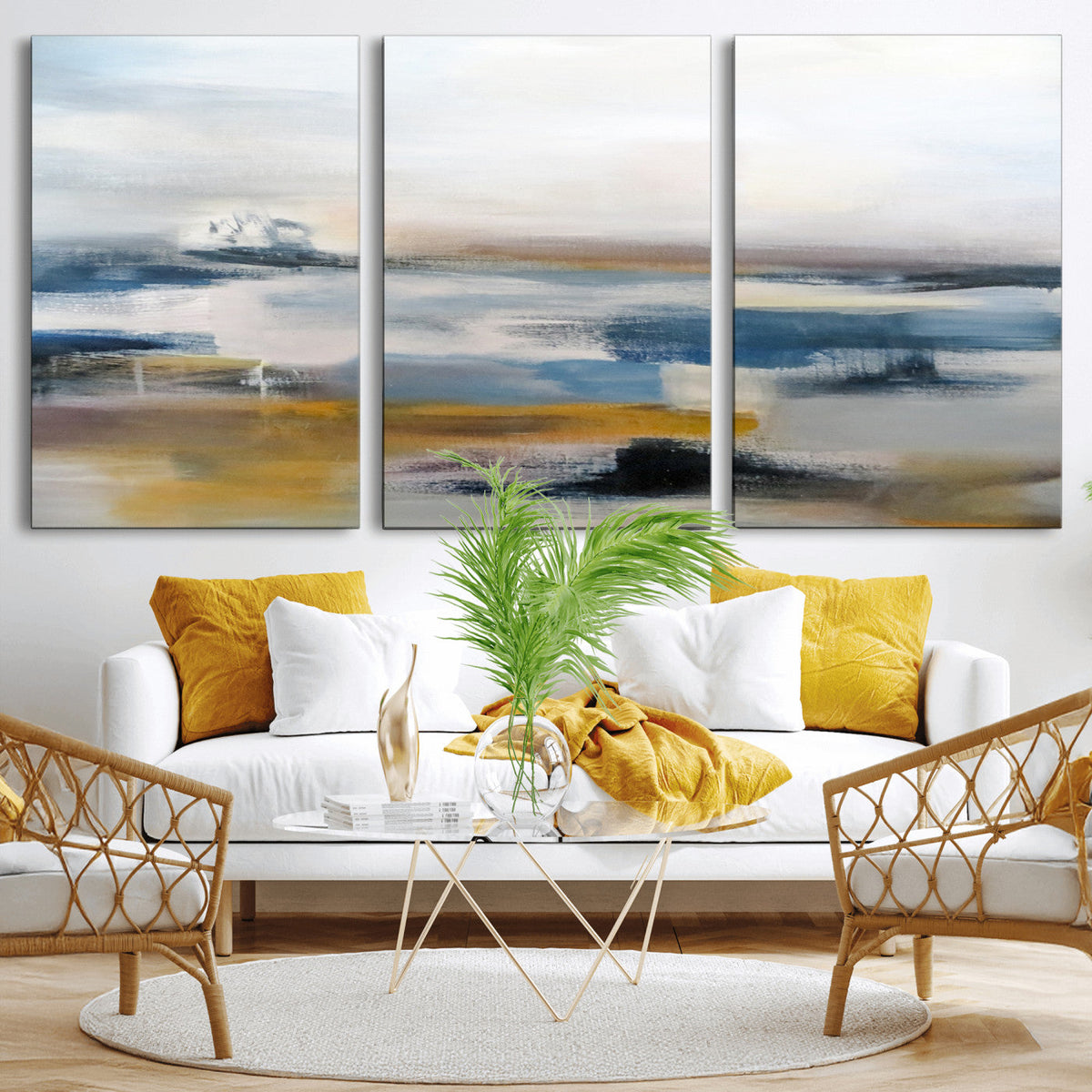 Abstract Landscape Wall Art Canvas | 3 Panel Modern Blue,