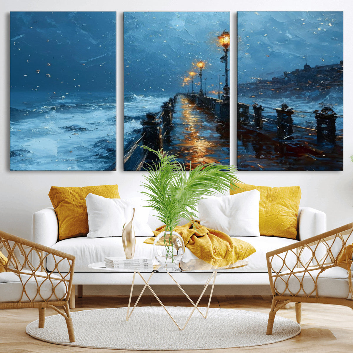 Stormy Night at Beach Pier Oil Painting Large Wall Art