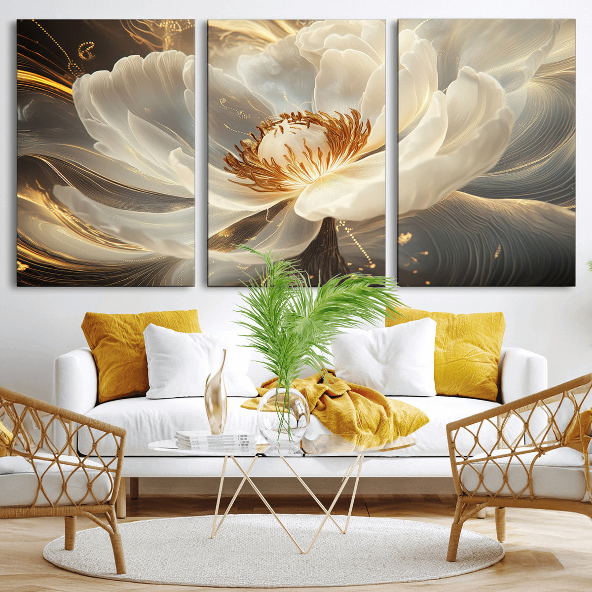 Gold Floral Wall Art Canvas Print, Framed Modern Flower Art
