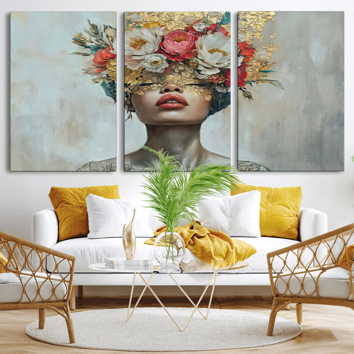 Golden Petal Wall Art Canvas Print - Silhouette Woman Wall