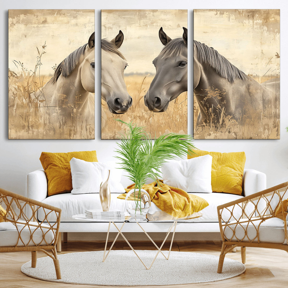 Chines Ink Style Grunge Horses Wall Art Canvas Print