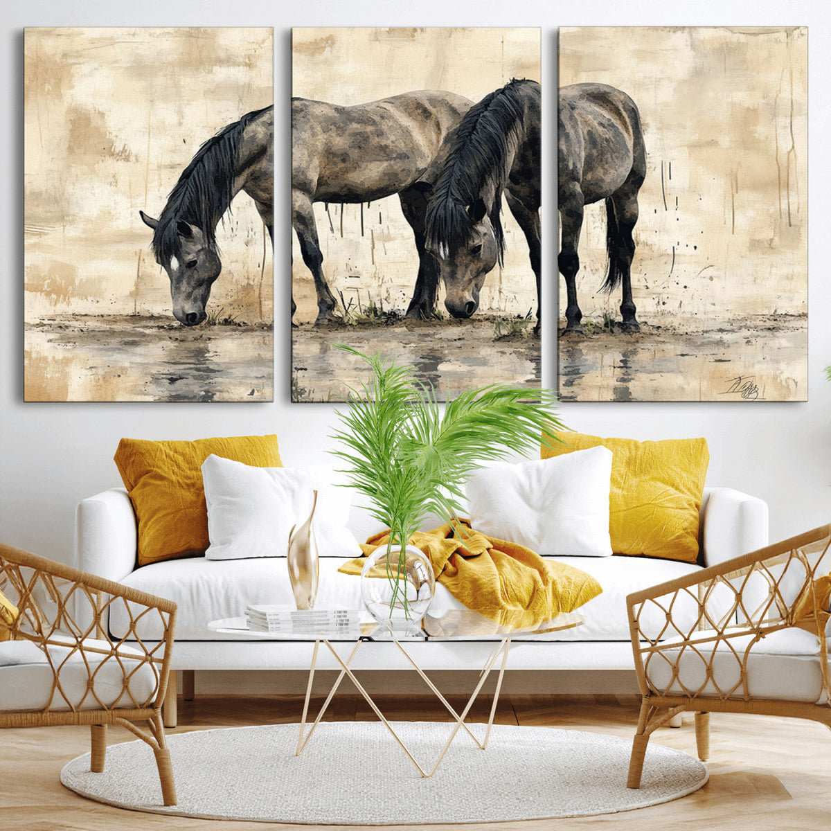 Chinese Style Abstract Black Horses Wall Art Canvas Print -