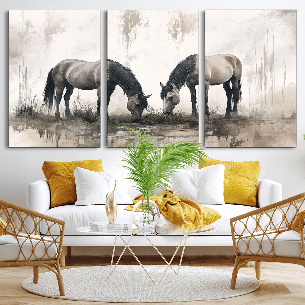 Chines Ink Style Vintage Horses Wall Art Canvas Print for